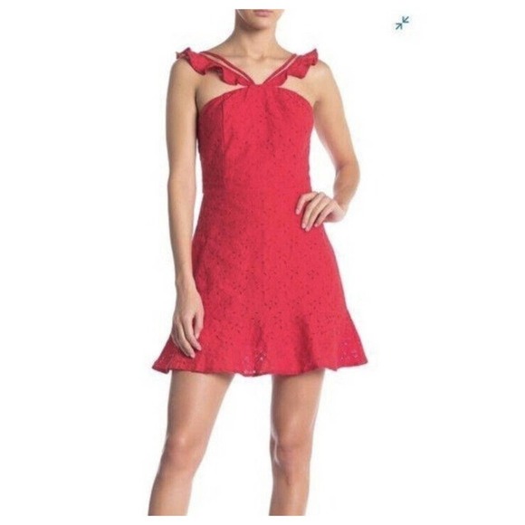 J.O.A Red Eyelet Lace Mini Dress Halter Ruffle Straps Size Medium - Picture 1 of 13